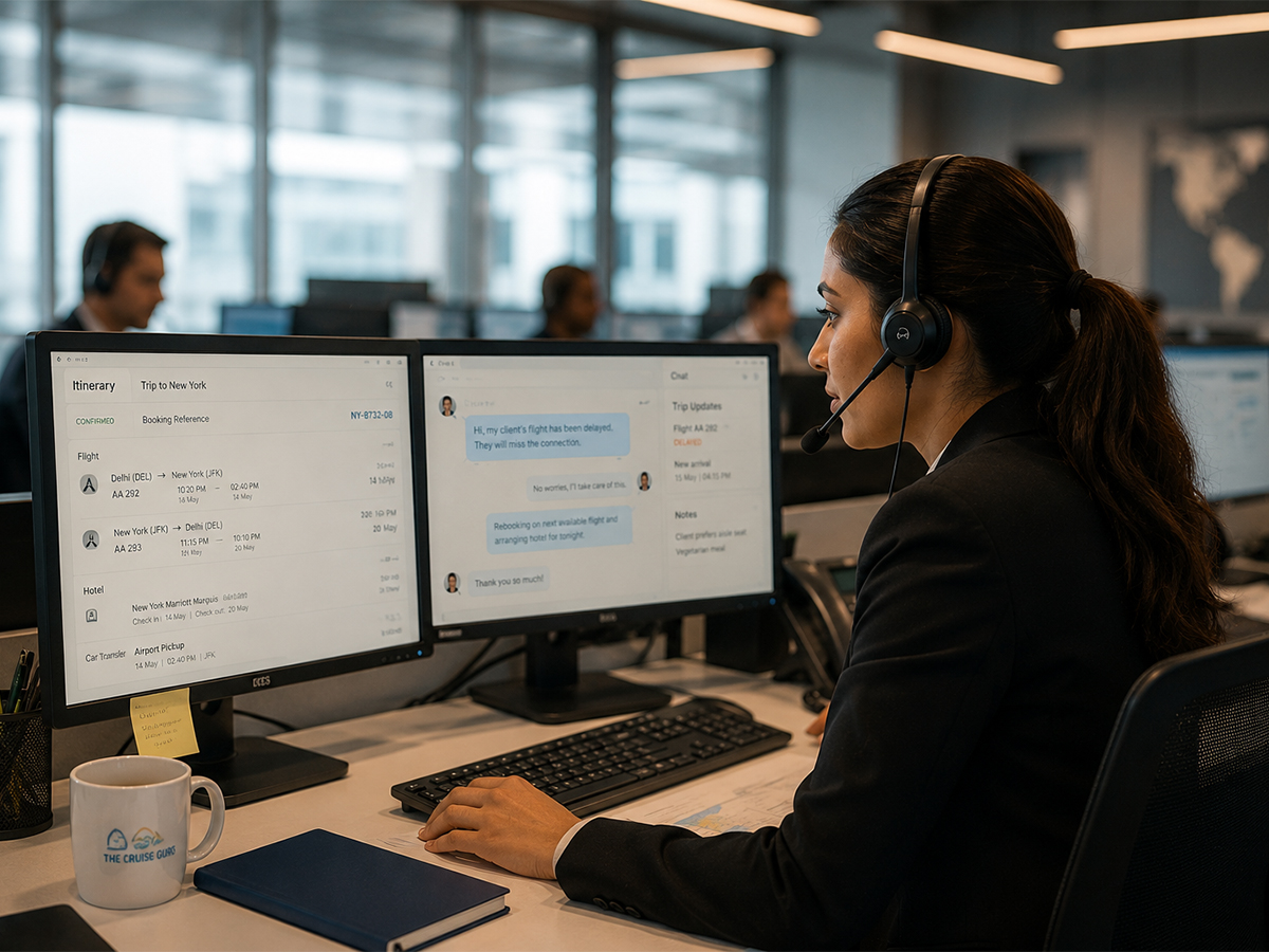 The Flights Guru consultant managing a live itinerary and traveller chat