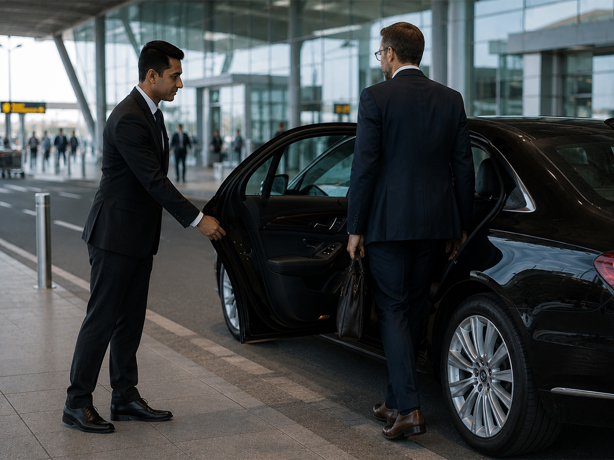 Chauffeur opening an executive car door for a business traveller at the terminal