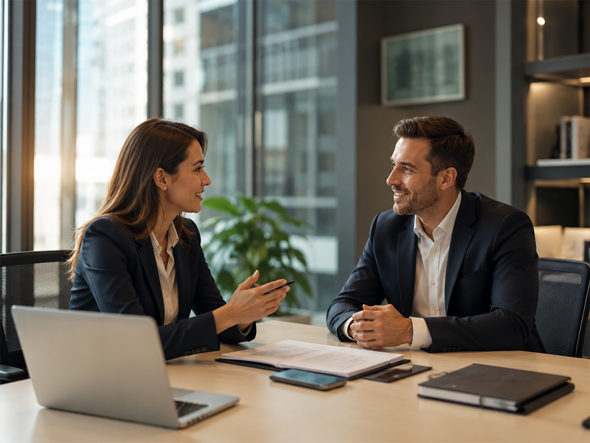 Dedicated travel manager meeting a client to plan their business trip