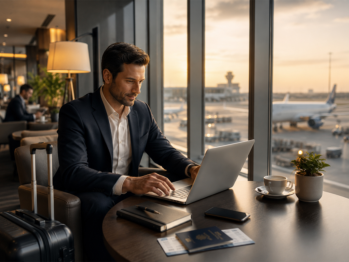 Business traveller working in an airport lounge before departure